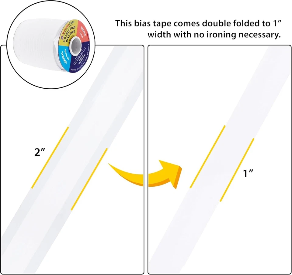 Fita de viés dobrável dupla branca 55 jardas 1" para costura, acolchoamento e encadernação - Imagem 3 de 4