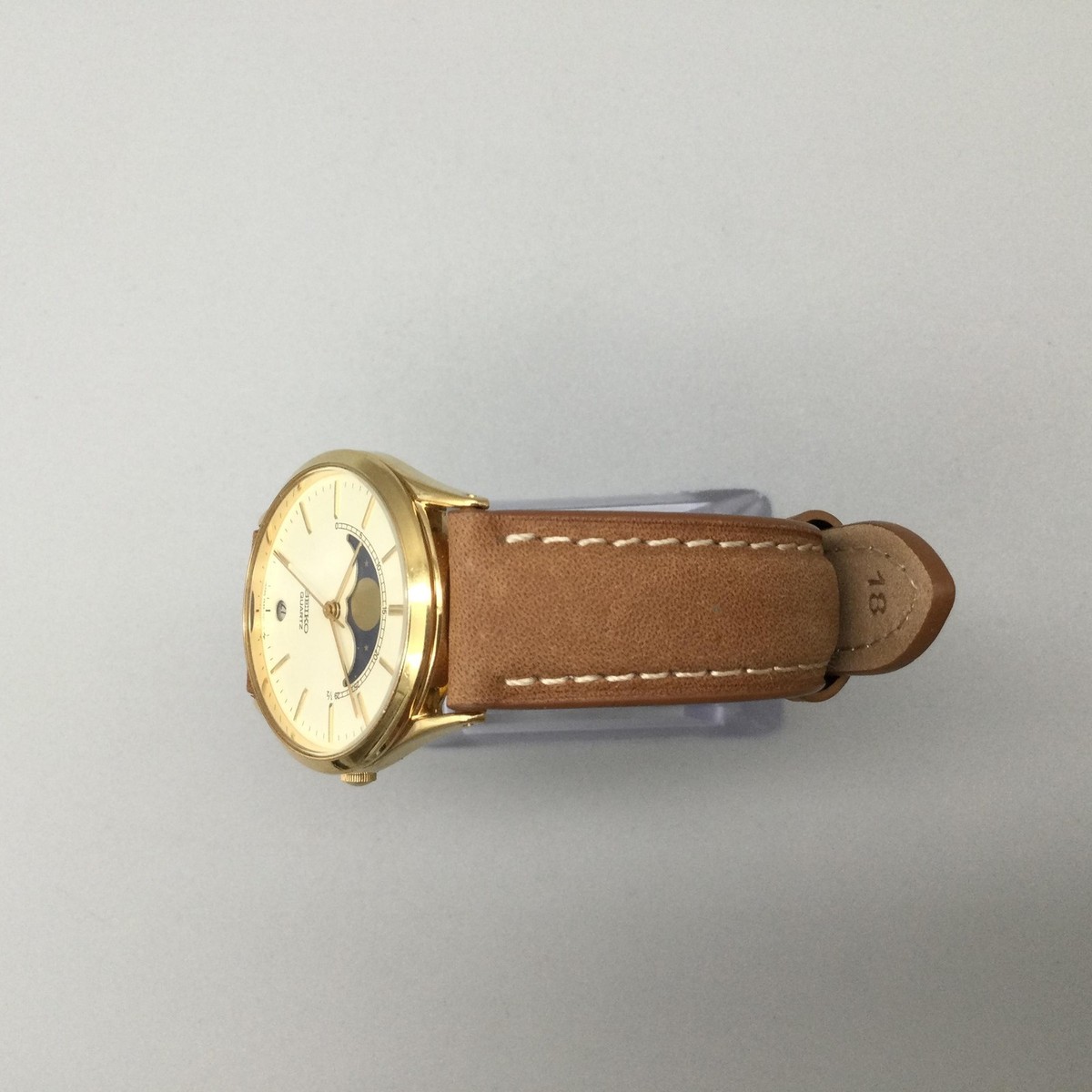Vintage Seiko Moon Phase Mens Watch 32mm Date 7434-7008 Leather