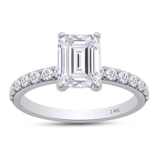 3.20 Ct Emerald Diamond Solitaire With Accents Ring 14K White Gold Lab Grown