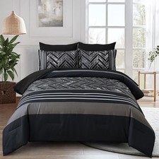 Comforter Set Size, 7 Pieces Stripe Geometric Bed in a Bag, King Black