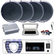 Pyle 1-DIN Marine Radio W/Cover, 4x 5.25" 20W RMS Polycone Speakers, Amplifier