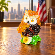 Made in USA Natural Baltic Amber Mini Owl on a Green Flower Base, 3 cm Tiny