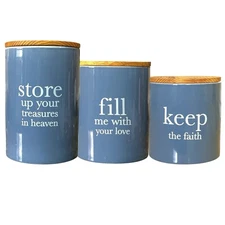 Set of 3 Ceramic Canisters Wood Lids Faith Inspirational Sayings Kitchen Storage