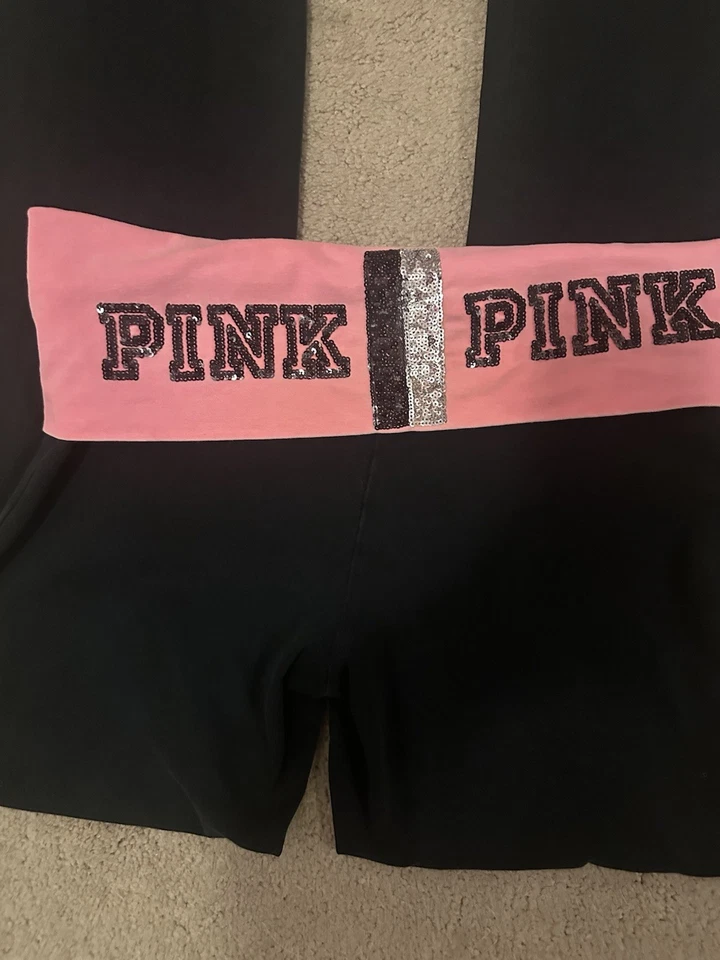 Victoria’s Secret Pink Black And Pink Bling Foldover Flare Leggings S - Image 3 of 4