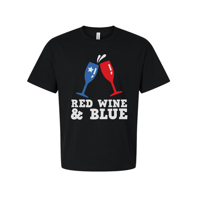 Red Wine And Blue Clinking Glasses Graphic Tee For Unisex Adults Patriotic Celeb