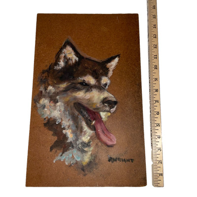 Husky dog hand painted ORIGINAL oil painting signed Wright vintage 70s