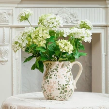 Ceramic Green and White Floral Vase with Handle, Rustic Farmhouse Pitcher Flo...