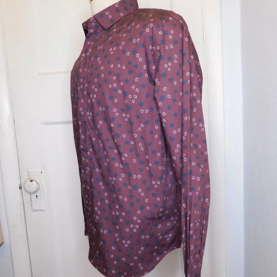Valentino Mens Sz 16 1/2 42 Button Up Dress Shirt Burgundy Star Print - Image 2 of 4
