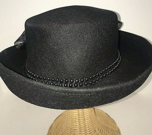 Vintage Original Black Felted Wool Church Hat Tulle Gems 22 3/4" IC Retro - Picture 5 of 8