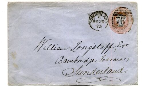 Wielka Brytania 1873 tłoczona 1d. różowa koperta używana „Sunderland / 761” dupleks lokalnie - Zdjęcie 1 z 2