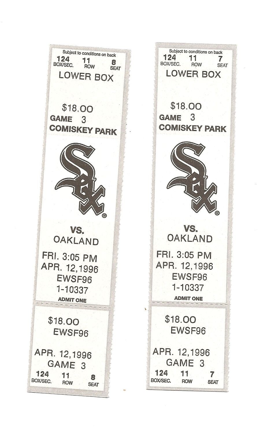 Chicago White Sox vs Oakland A's unused Baseball Tickets from 4/12/1996