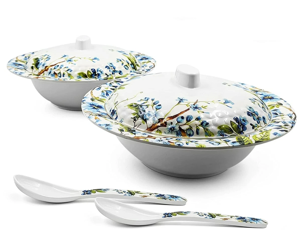 Melamine white 2 Serving Bowl with lid and 2 Serving Spoon 1500ml each 4 Pcs