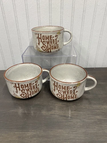 Vtg Japan Home Sweet Home Wide Mouth 20oz Mug Speckled Pottery Brown Gray 3 Mugs