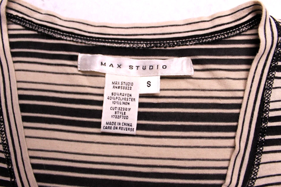 CAMISETA MAX STUDIO MEZCLA LINO Damas Talla S Beige Negro Rayas Manga 3/4 Foto 3 de 4
