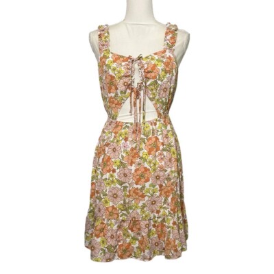 NWT 19 Cooper Peach Pink Yellow Pastel Retro 60s Floral Print Babydoll Dress New