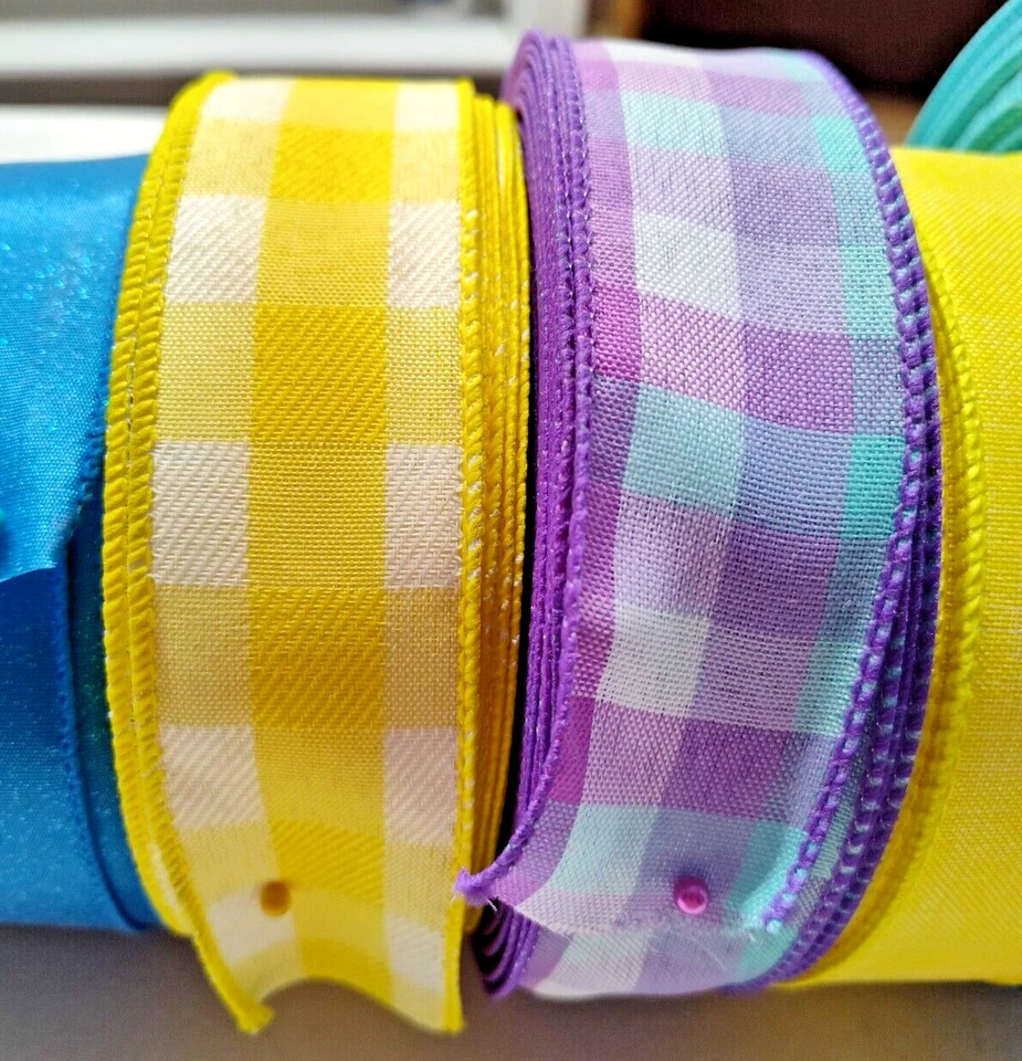 LOT OF (6) BIG ROLLS WIRED RIBBON 1.5 MULTI-COLORS SPRING SUMMER PLAIDS SOLIDS - Image 3 of 4