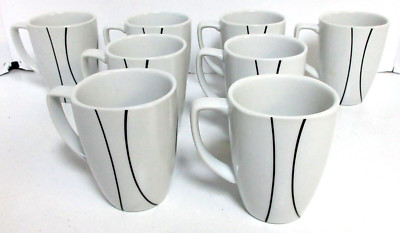Lot Of 8 CORELLE Coordinates SIMPLE LINES Mugs Black On White 12 oz Good Cond