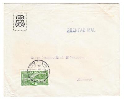 Iceland Sc#144(single frank)-REYKJAVK 20/II/28 unsealed rate to AKRANESI-scarce