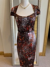 David Meister Brown/Rust Silk Abstract Knee Length Belted Pencil Dress US Size 6