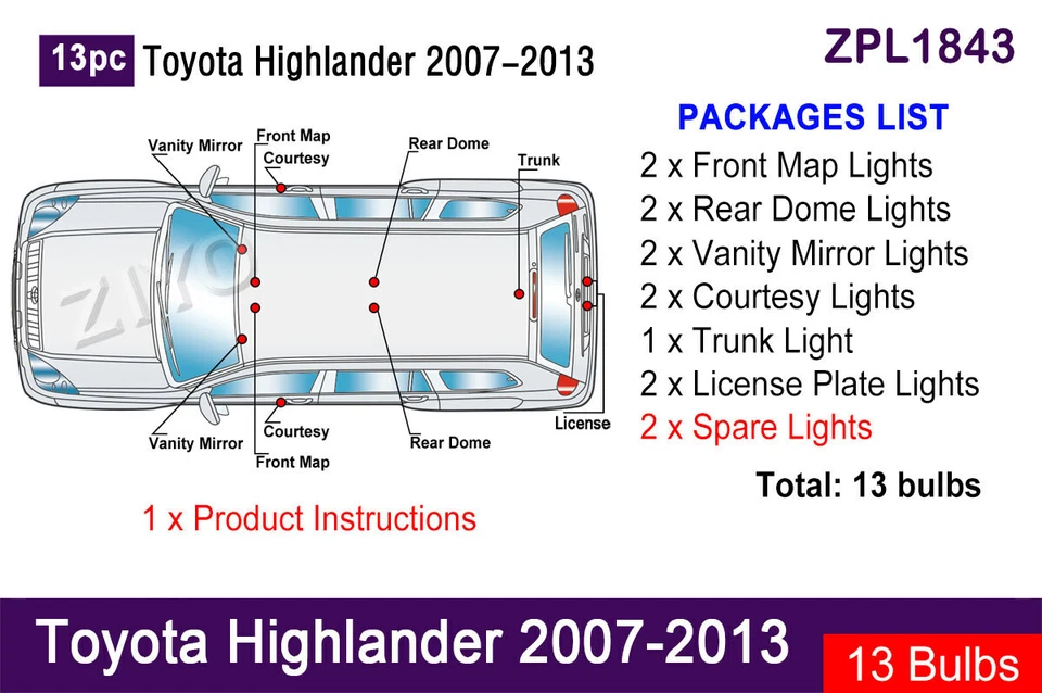 Actualización de luz interior LED de 13 piezas para Toyota Highlander 2007-2014 bombilla blanca Foto 2 de 4