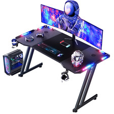 LED Gaming Desk Computer Table Workstations w/ Headphone Hook & Cup Holder Black