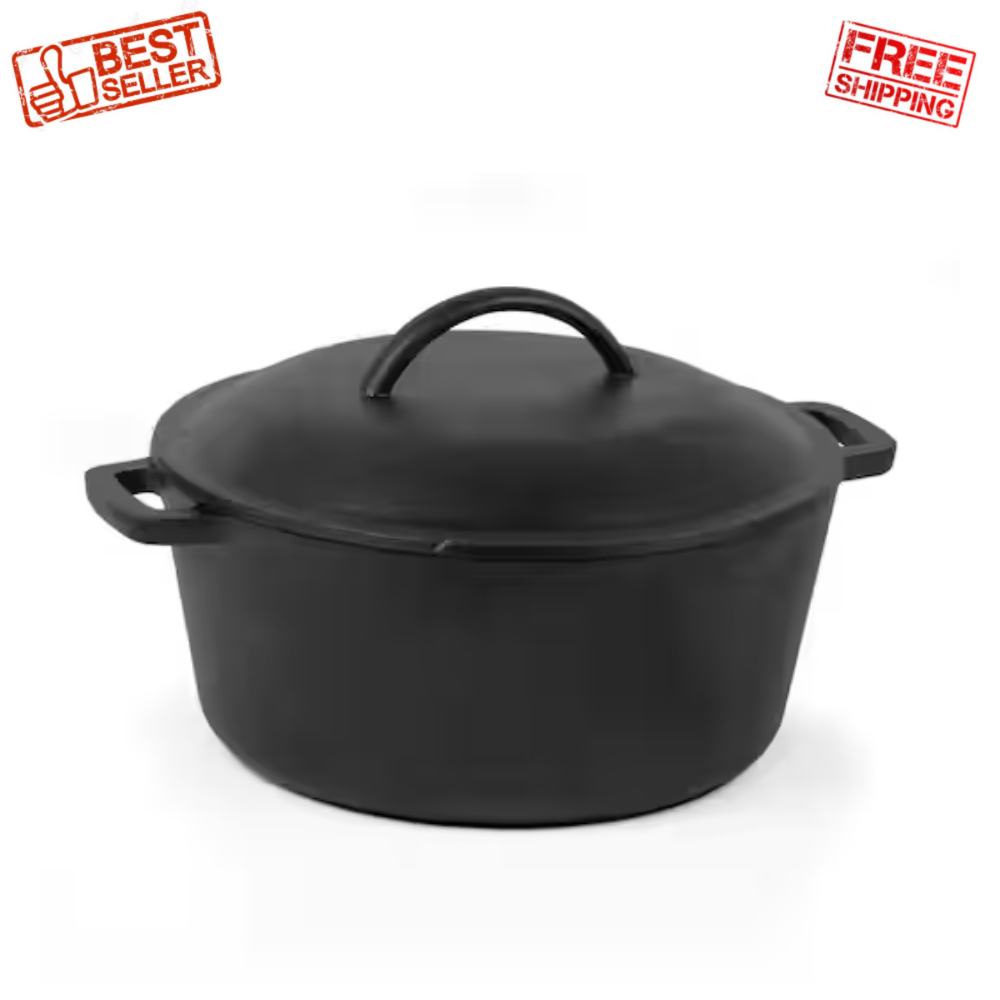 Commercial CHEF Cast Iron Dutch Oven Pre-Seasoned 5 qt Round with Skillet Lid