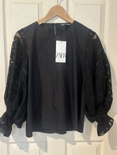 Zara Black Sheer Balloon Sleeve Blouse Women's Regular Size S Elastic Cuffs