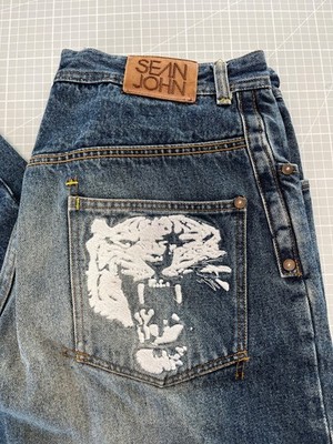 Sean John coole bestickte Baggy Blue Jeans Hip Hop 90er Skater Gr. 32 Inch