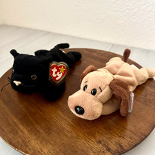 New w/ Tags Ty Beanie Babies Lot of 2 PVC Velvet Black Cat & Bones the Brown Dog