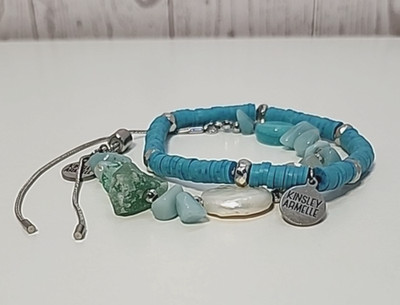 Kinsley Armelle Blue Gemstone Adjustable Clay Disk Bracelet Set of 2 Gold Tone