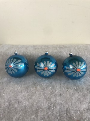 3 Vintage ITALY Blue Daisy Glitter Yuletide Ornaments Italian Unbreakable 3  WOW