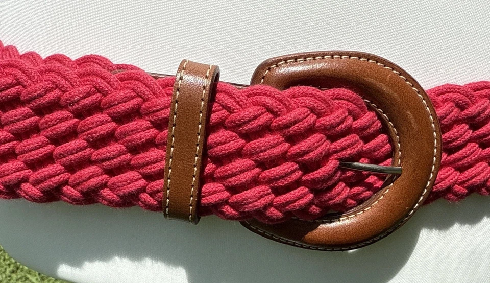 Cinturón Vintage Años 80 Rosa Trenzado Marrón Cuero Hebilla Lands End Misses Talla XL Foto 2 de 4