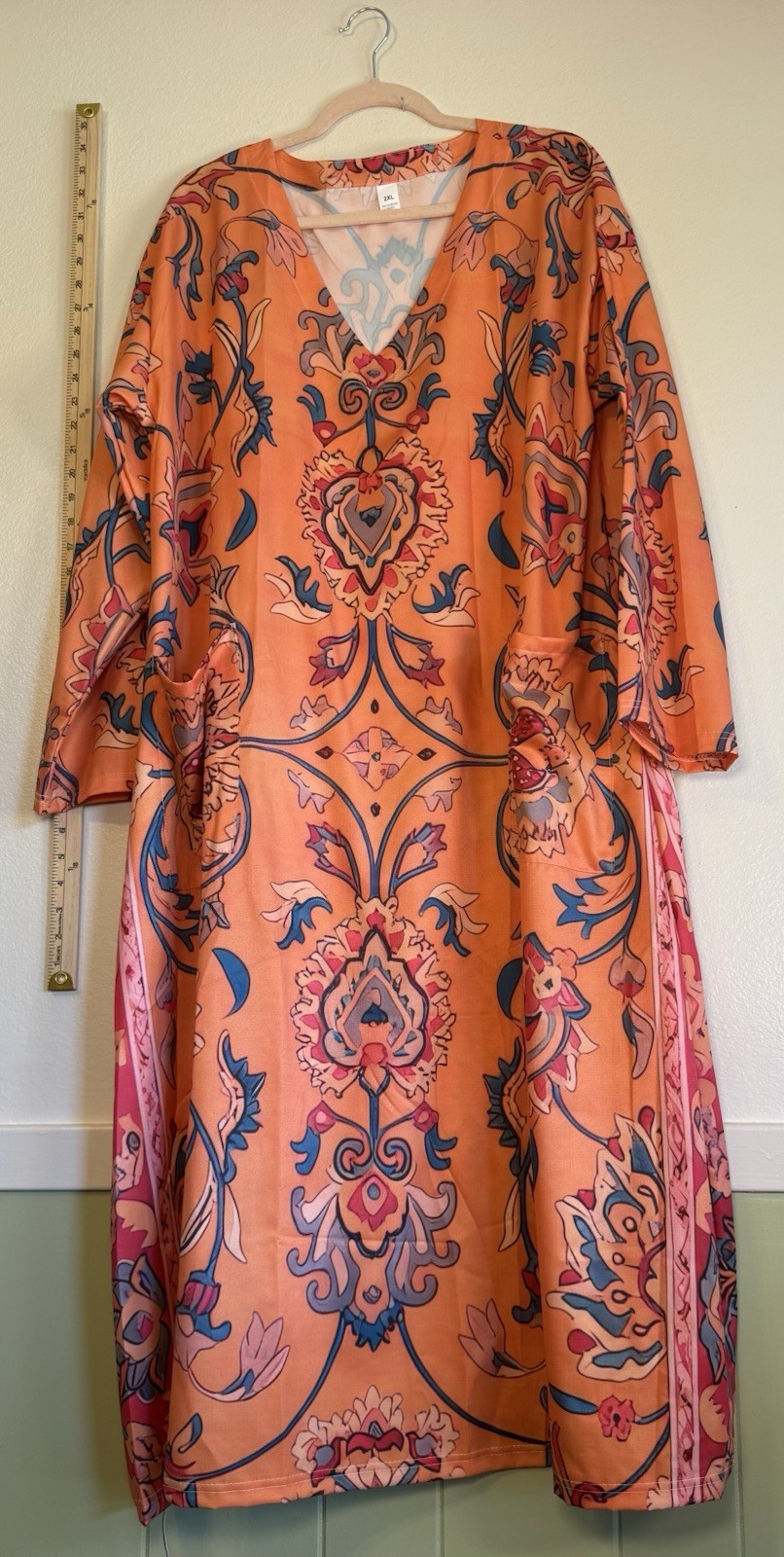 Orange Floral V-Neck Shift Dress 2XL 3/4 Sleeve Pockets Knee Length
