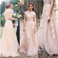 Blush Pink Wedding Dresses Beautiful A Line Lace Tulle Long Women Bridal Gowns