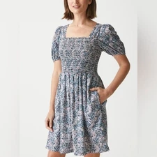 Floral Smocked Mini Dress Square Neck Puff Sleeve Tie Back NWT Small Petite