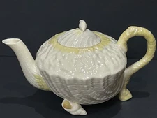 Antique Vintage Belleek Ireland Neptune Yellow Limpet Seashell Teapot w/ Lid