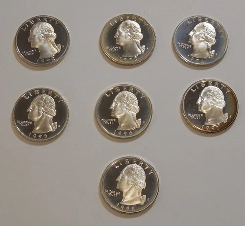 PROOF 1992 to 1998 S WASHINGTON Quarters Lot of seven 90% SILVER $1.75 Face