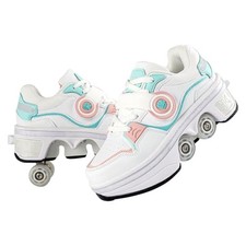 2-in-1 Unisex Roller Skate Shoes with Retractable 4 Wheels White 2.5