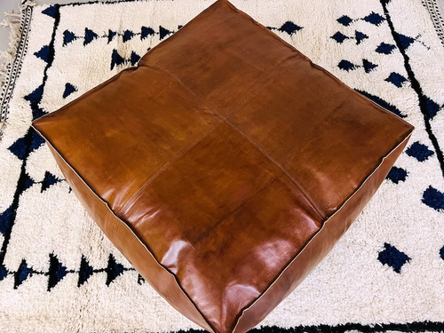 Leather Pouffe Unstuffe Moroccan Footstool Boho Ottoman Pouf 30'' Handmade Brown - Picture 5 of 10