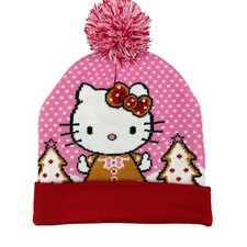 Hello Kitty Beanie Winter Hat Christmas Pink Polka Dot knit Sanrio, gingerbread