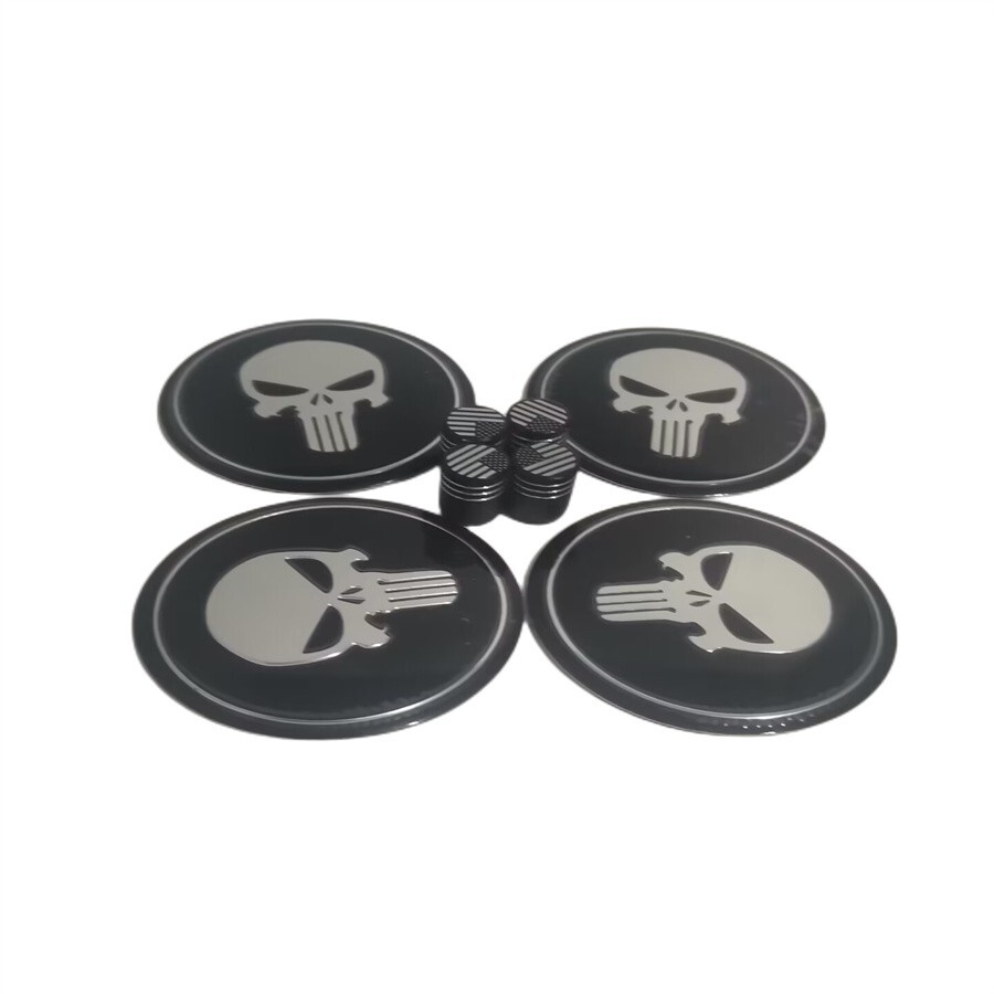 Center Cap Stickers Punisher Wheel Sticker & Valve Cap Bundle - 4 Hub Decals 4 Tire Stem Caps (Red) Skull Tire Valve Caps - Foto 9