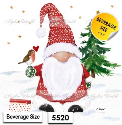 (5520) TWO Paper BEVERAGE / COCKTAIL Decoupage Art Craft Napkins CHRISTMAS GNOME