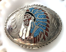 Vintage Colorful Native American Warrior Belt Buckle Lightening Bolt Signature