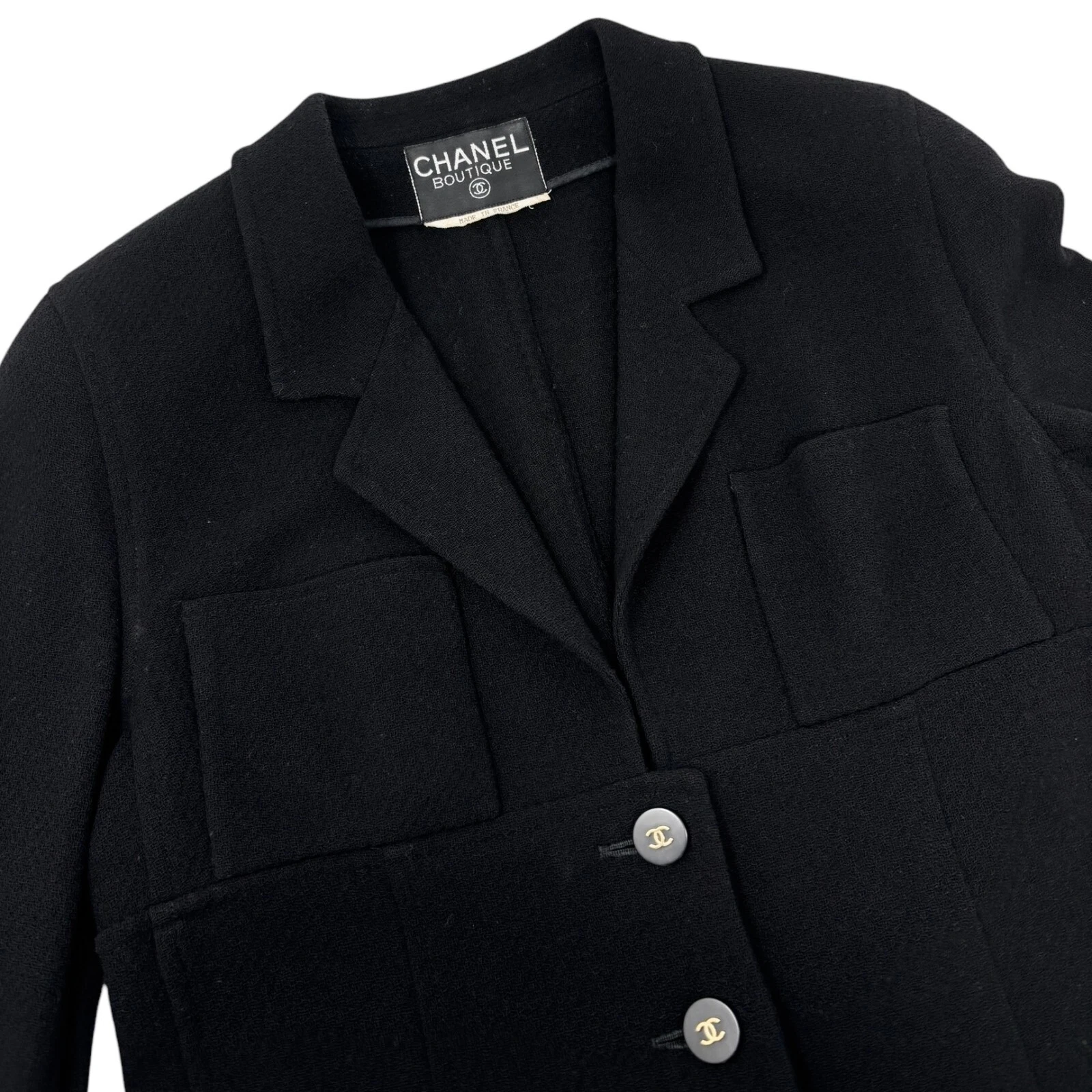 Giacca lunga CHANEL vintage logo CC bottoni nero oro lana collo tasca