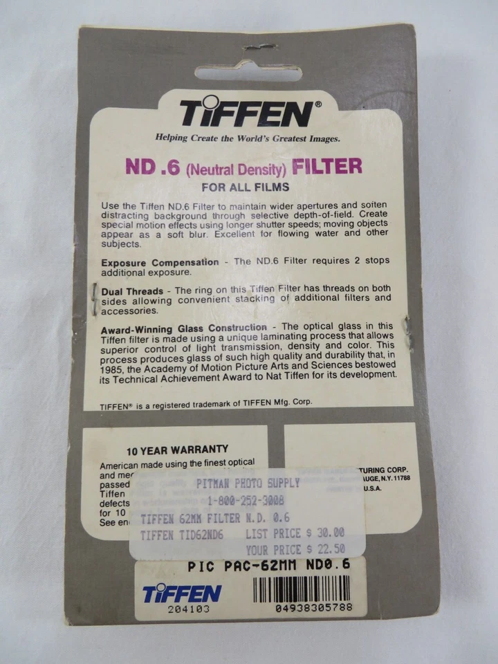 Tiffen 62mm Neutral Density Filter For All Films Glass Lens, New Old Stock - Image 4 of 4