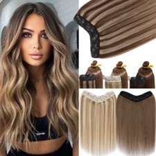 V Shape One Piece THICK Clip in 100 Human Hair Extensions 3/4 Full Head U Part