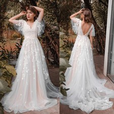 Pink Lining A Line Wedding Dress With Flare Sleeves Lace Appliques V Neck