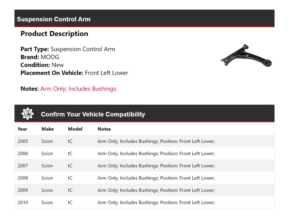 Brazo de control de suspensión delantero izquierdo inferior MOOG 2005 2006 para Scion tC 2005-2010 Foto 2 de 4