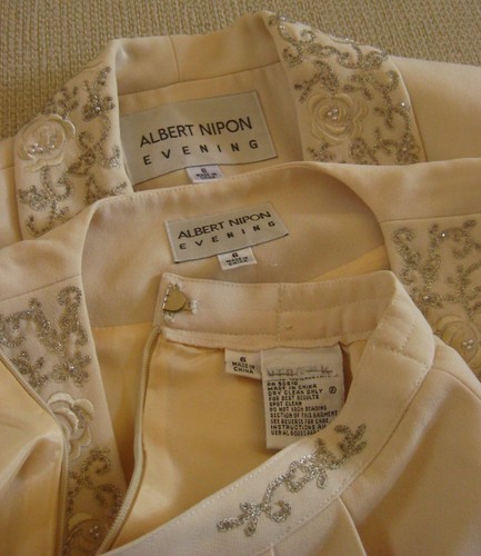 Albert Nipon Evening 3 pcs cream embroidered lined jacket vest, long skirt set 6 - Picture 23 of 24