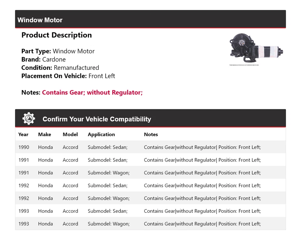 Для 1990-1993 Honda Accord передний левый оконный мотор кардон 1991 1992 - Изображение 2 из 4